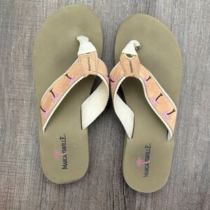 Margaritaville Olive Green Footbed Tan Straps with Pink Embroidery Thong Sandals